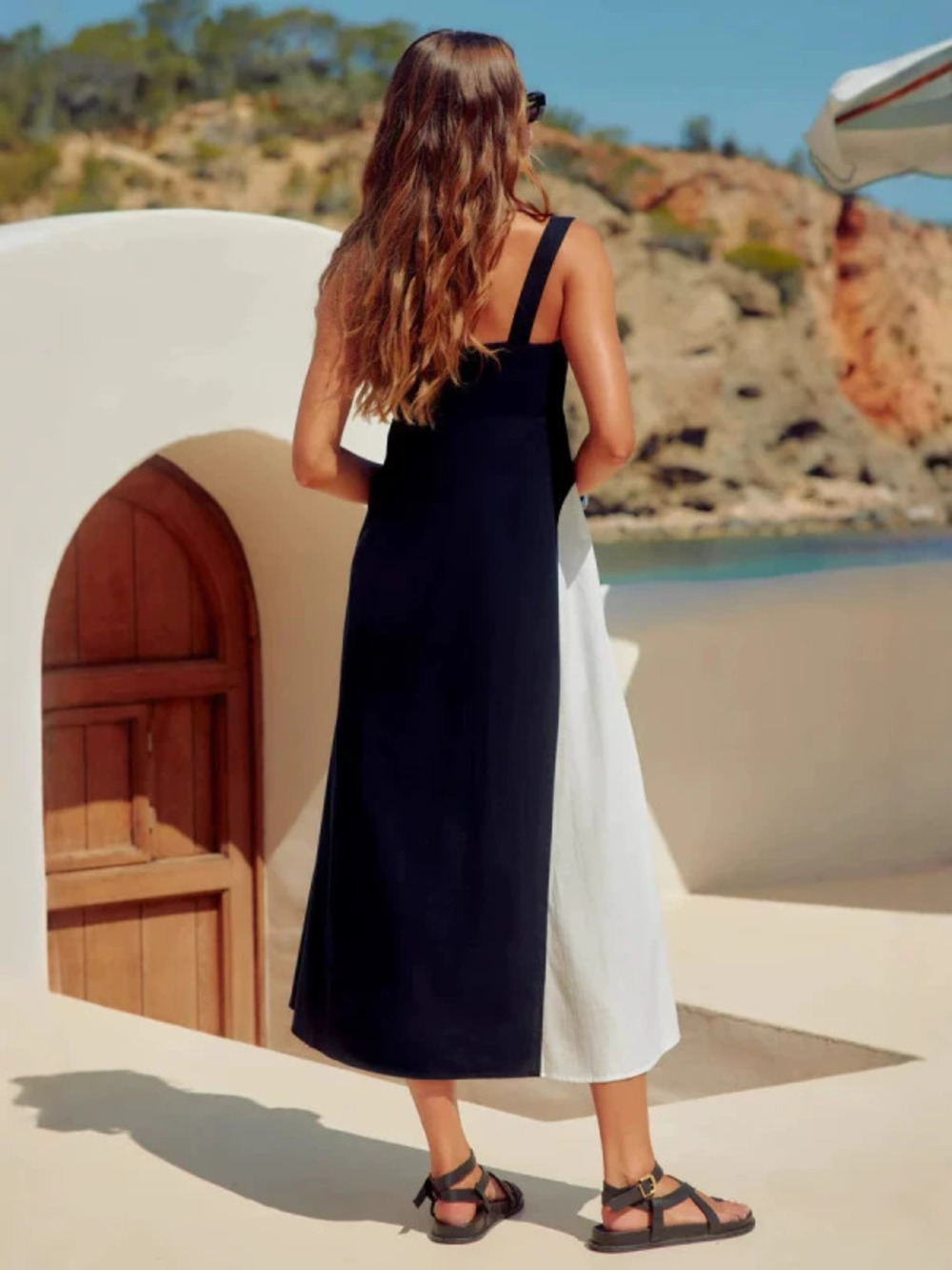 In Stock Summer French Chic Vacation Style Color Block Spaghetti Strap Dress